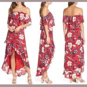 BB Dakota Red convertible off shoulder high low floral ruffle maxi  dress